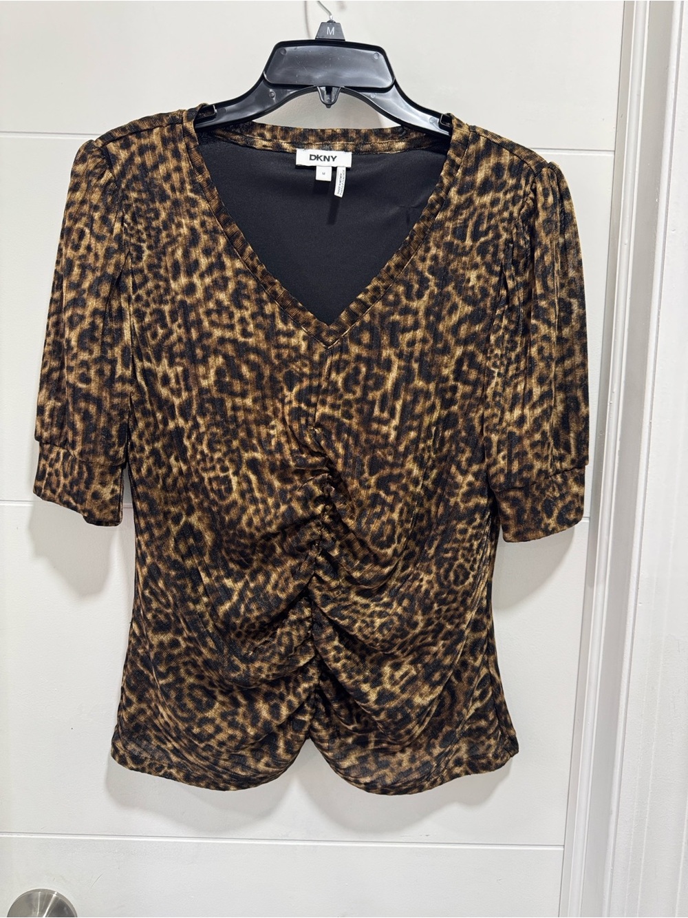 DKNY Leopard Print V-Neck Ruched Front Top in Brown